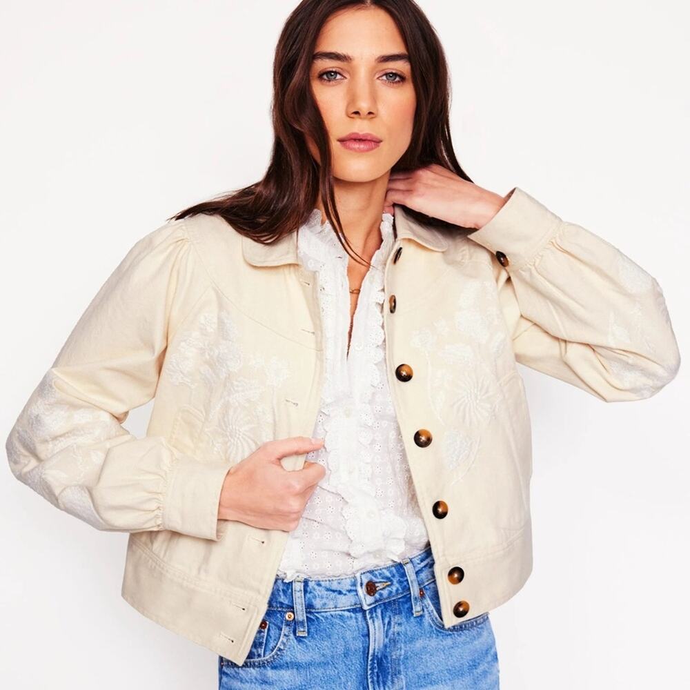 Boden Embroidered Floral Twill Jacket Ivory Button Front Cottage Boho NWOT Sz 14